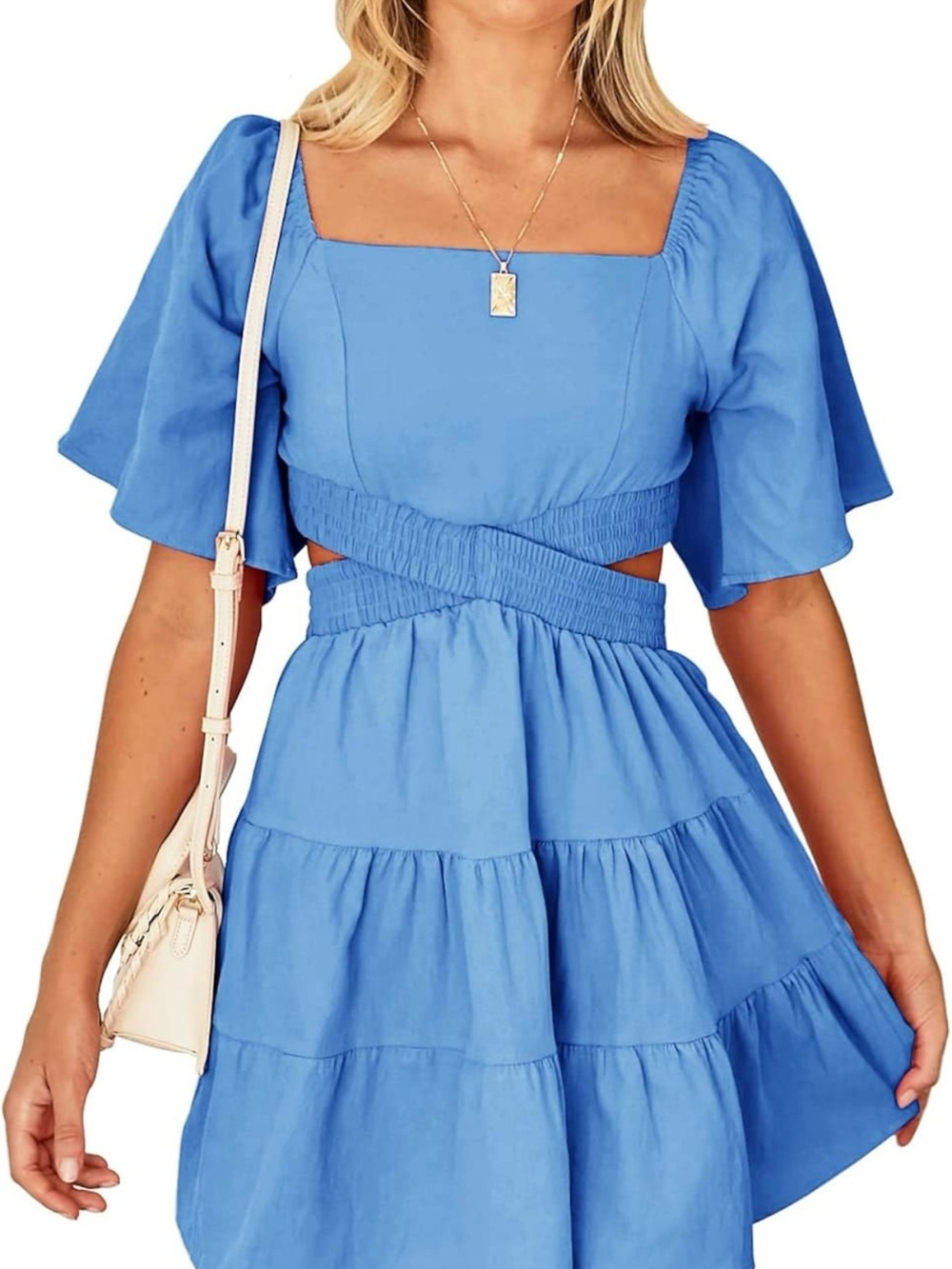 Blue Square-Neck Cutout Tiered Dress